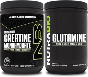 NutraBio Creatine Monohydrate Supplement, Unflavored, (300g) and L-Glutamine Powder, (500g) – Workout Supplement Bundles Supports Muscle Energy, Recovery, and Strength