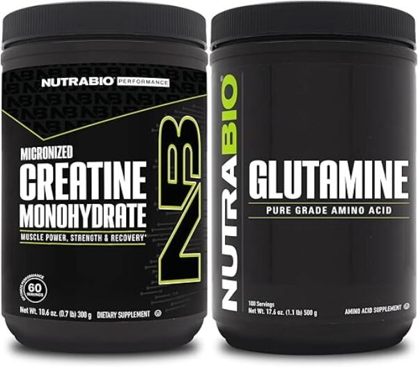 NutraBio Creatine Monohydrate Supplement, Unflavored, (300g) and L-Glutamine Powder, (500g) – Workout Supplement Bundles Supports Muscle Energy, Recovery, and Strength