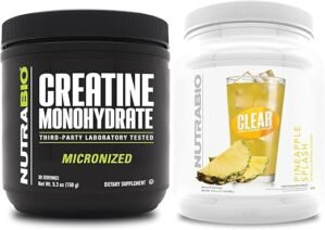 NutraBio Creatine Monohydrate, Unflavored, (150 g) and Clear Whey Protein Isolate, (Pineapple Splash) Supplement Bundle – Muscle Energy, Maximum Growth, Recovery, and Strength