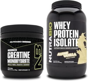 NutraBio Creatine Monohydrate, Unflavored, 150g and Whey Protein Isolate, Alpine Vanilla, Supplement Bundle - Muscle Energy, Lean Muscle Growth, Recovery, and Strength