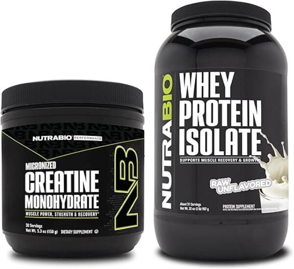 NutraBio Creatine Monohydrate, Unflavored, 150g and Whey Protein Isolate, Unflavored, Supplement Bundle - Muscle Energy, Lean Muscle Growth, Recovery, and Strength