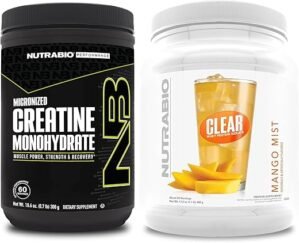 NutraBio Creatine Monohydrate, Unflavored, (300 g) and Clear Whey Protein Isolate, (Mango Mist) Supplement Bundle – Muscle Energy, Maximum Growth, Recovery, and Strength