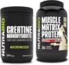 NutraBio Creatine Monohydrate, Unflavored, (500 g) and Muscle Matrix Protein Powder, (Vanilla) Supplement Bundle – Muscle Energy, Maximum Growth, Recovery, and Strength
