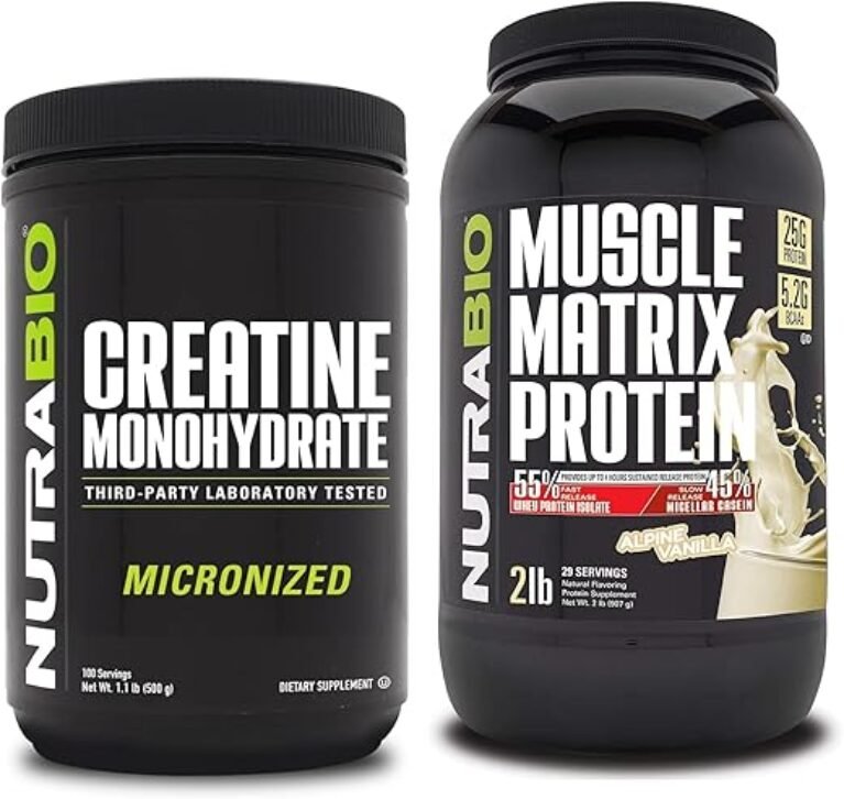 NutraBio Creatine Monohydrate, Unflavored, (500 g) and Muscle Matrix Protein Powder, (Vanilla) Supplement Bundle – Muscle Energy, Maximum Growth, Recovery, and Strength