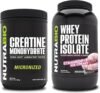 NutraBio Creatine Monohydrate, Unflavored, 500g and Whey Protein Isolate, Strawberry Ice Cream, Supplement Bundle - Muscle Energy, Lean Muscle Growth, Recovery, and Strength
