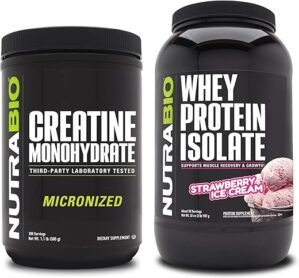 NutraBio Creatine Monohydrate, Unflavored, 500g and Whey Protein Isolate, Strawberry Ice Cream, Supplement Bundle - Muscle Energy, Lean Muscle Growth, Recovery, and Strength